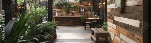 A photo of an outdoor boutique with a natureinspired design, featuring reclaimed wood and green plants