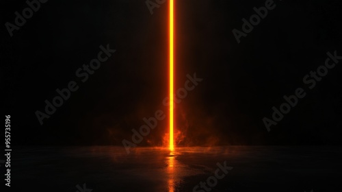 A long, glowing orange light is projected onto a dark background. The light appears to be emanating from a point in the middle of the image. Scene is mysterious and captivating