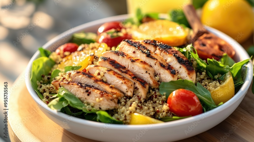 A white bowl filled with grilled chicken, tomatoes, and quinoa. The dish is colorful and appetizing, with the bright yellow lemon wedges adding a pop of color. The presentation is inviting A white bowl filled with grilled chicken, tomatoes, and quinoa. The dish is colorful and appetizing, with the bright yellow lemon wedges adding a pop of color. The presentation is inviting