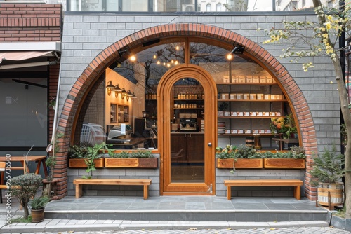 A brick building with a large arched doorway and a window photo