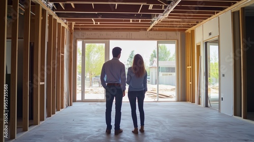 A couple explores their new home under construction in a modern neighborhood, enjoying the bright open space and future possibilities