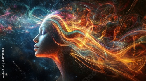 A woman's face is shown with a long, colorful hair and a blue background. The image has a dreamy, surreal feel to it, as if the woman is floating in space