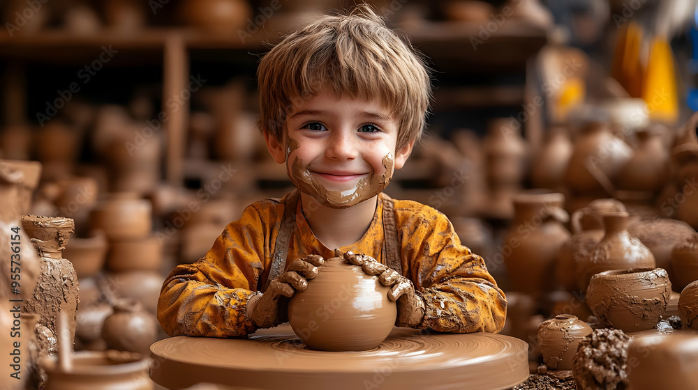 A joyful child creating pottery with clay at a workshop. A joyful child creating pottery with clay at a workshop.