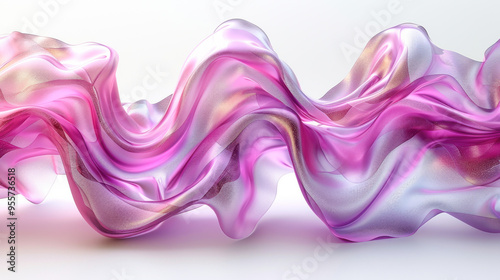 3D hyper realism pink silk cloth floating isolated white color background. Futuristic cyberpunk reflective gold holographic flow