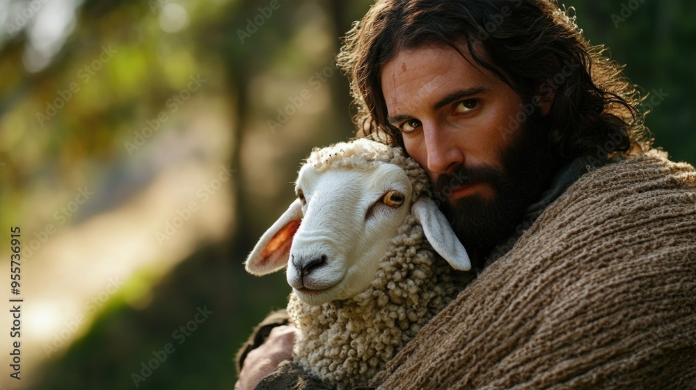 Jesus as a shepherd holds the lost sheep in his arms. The concept of care, faith, Christianity and religion