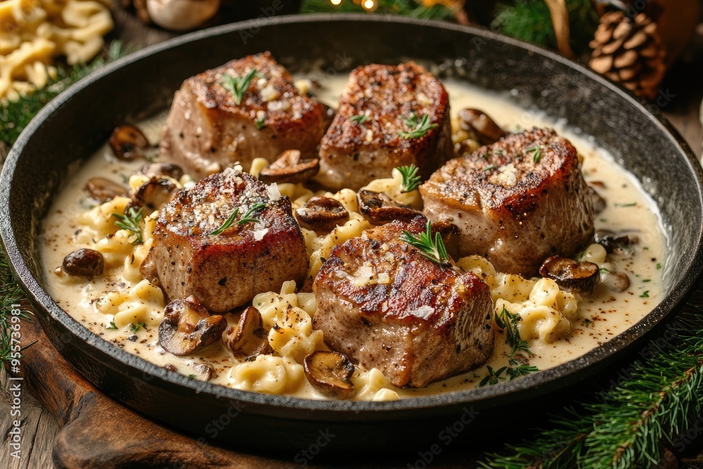 Close-up of pan-seared pork medallions in a creamy sauce. Perfect for illustrating recipes and articles about gourmet food. Close-up of pan-seared pork medallions in a creamy sauce. Perfect for illustrating recipes and articles about gourmet food.