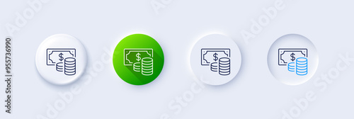 Coins banknote line icon. Neumorphic, Green gradient, 3d pin buttons. Cash money sign. Business income symbol. Line icons. Neumorphic buttons with outline signs. Vector