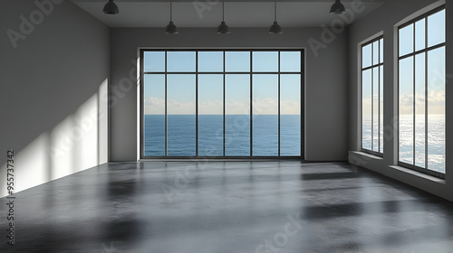 A minimalist room with large windows overlooking the ocean.