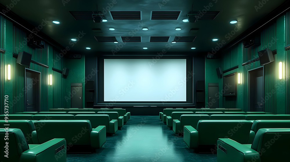 A modern cinema hall with green seating and a large screen. A modern cinema hall with green seating and a large screen.