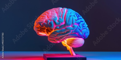 A side view of a human brain model with colorful lighting to emphasize different regions photo