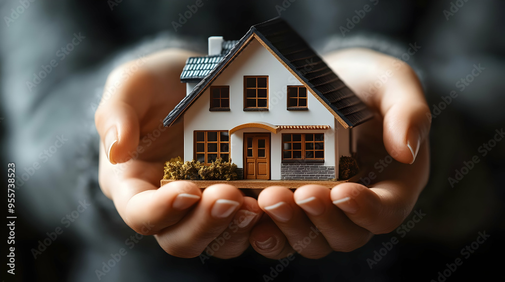 A person holding a miniature house model in their hands. A person holding a miniature house model in their hands.