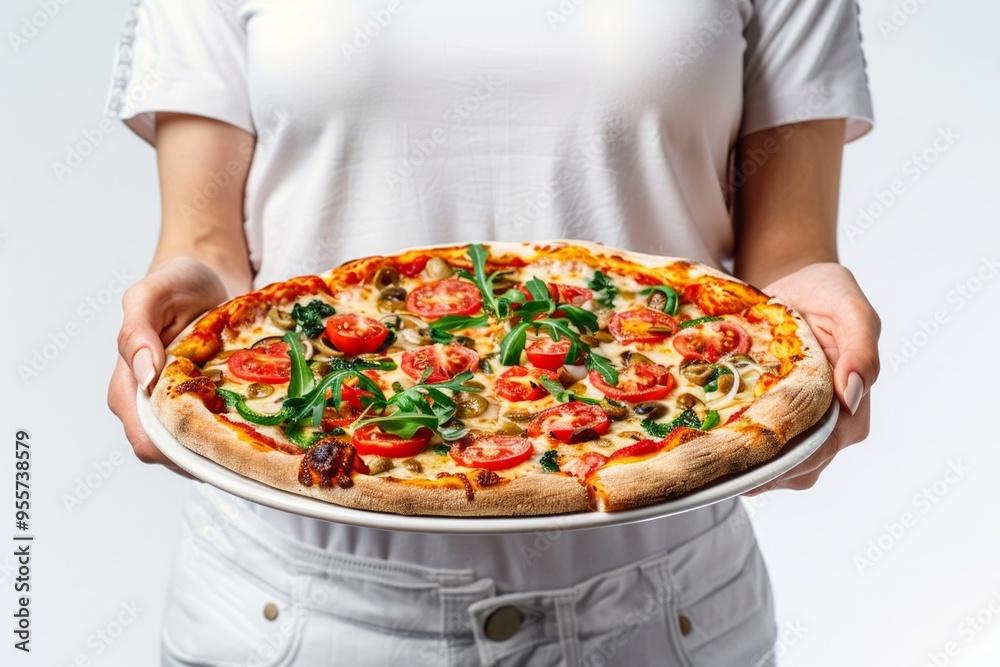 Person holding freshly baked veggie pizza with cherry tomatoes and arugula Person holding freshly baked veggie pizza with cherry tomatoes and arugula