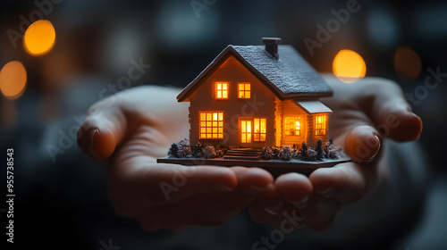 A person holding a small illuminated house model in hands.