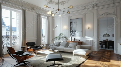 Modern Living Room with Large Windows and Chic Furniture in a Parisian Apartment photo