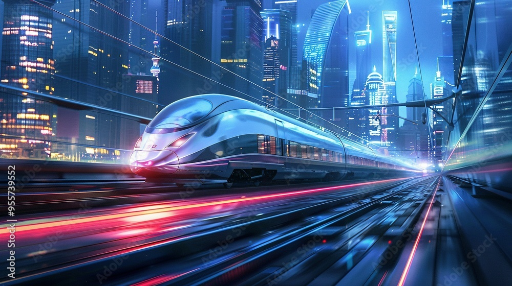 High-Speed Train Racing Through a Futuristic Cityscape at Night High-Speed Train Racing Through a Futuristic Cityscape at Night