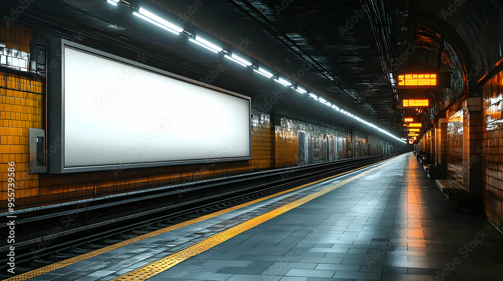 A quiet subway station with an empty billboard and glowing lights. A quiet subway station with an empty billboard and glowing lights.