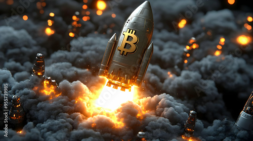 A rocket with a Bitcoin symbol launching amidst smoke and flames. photo