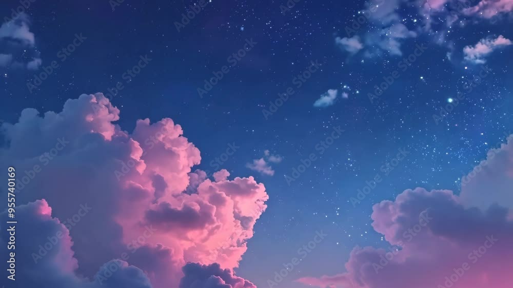 Dreamy twilight sky with pink-tinged clouds against deep blue. Stars twinkle between cloud formations. Ethereal atmosphere evokes wonder and tranquility. Soft color palette blends warm and cool tones.