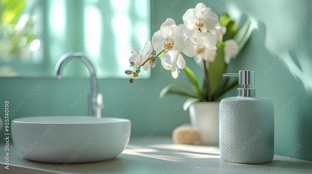 A serene bathroom scene with a flower and modern accessories. A serene bathroom scene with a flower and modern accessories.