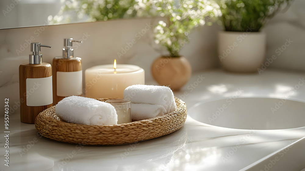 A serene bathroom setup with towels, candles, and plants. A serene bathroom setup with towels, candles, and plants.