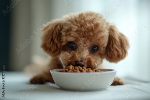 Brown poodle dog eating food from the bowl