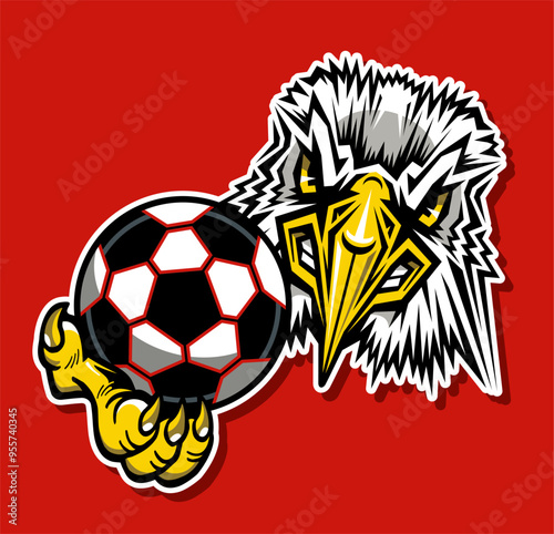 eagle mascot holding a soccer ball for school, college or league sports