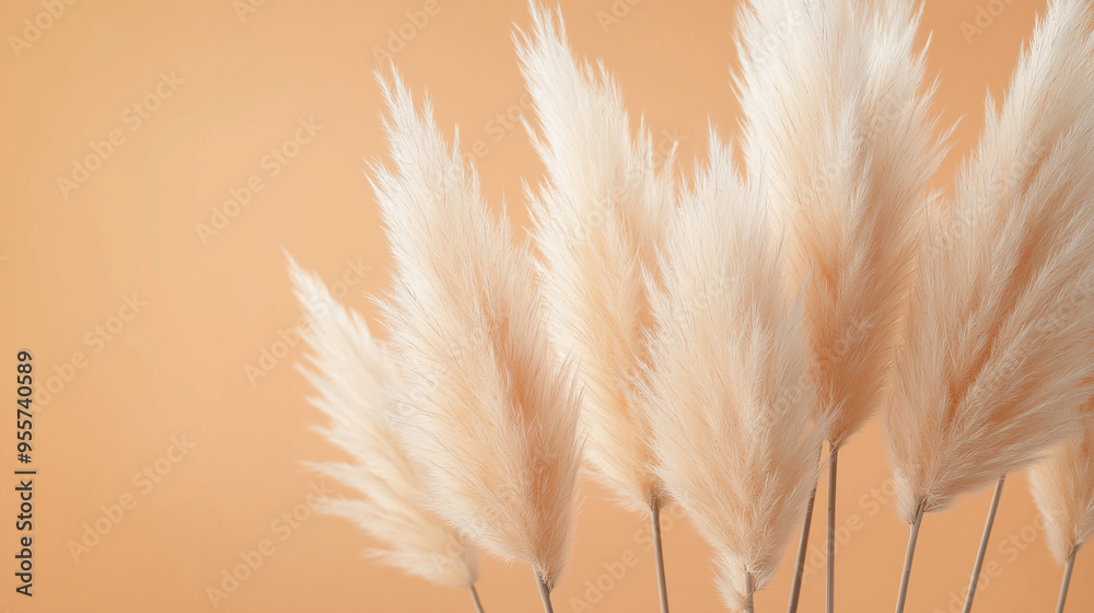pampas grass with long, slender leaves and fluffy beige plumes against an isolated pastel orange background pampas grass with long, slender leaves and fluffy beige plumes against an isolated pastel orange background