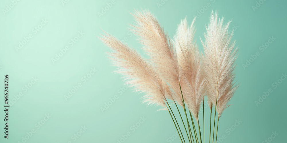 pampas grass with long, slender leaves and fluffy beige plumes against an isolated mint green background pampas grass with long, slender leaves and fluffy beige plumes against an isolated mint green background
