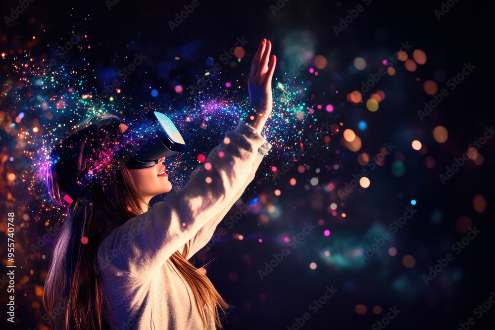 Woman wearing a VR headset Woman wearing a VR headset