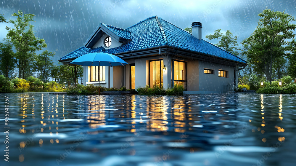 Fototapeta premium A serene house surrounded by water during a rainstorm.