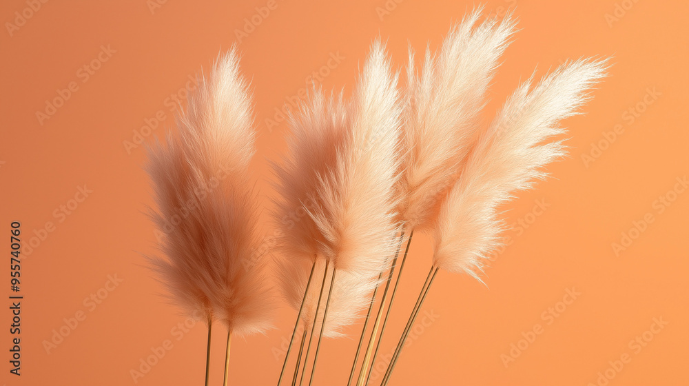 pampas grass with long, slender leaves and fluffy beige plumes against an isolated pastel orange background pampas grass with long, slender leaves and fluffy beige plumes against an isolated pastel orange background