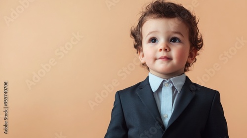 Child in business suit, soft color background 