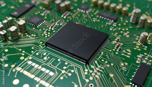 Green circuit board with black microchip