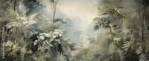 Painting of a jungle landscape. Watercolor pattern wallpaper in vintage retro style. Abstract art concept. Lush, green rainforest with big trees and leaves.