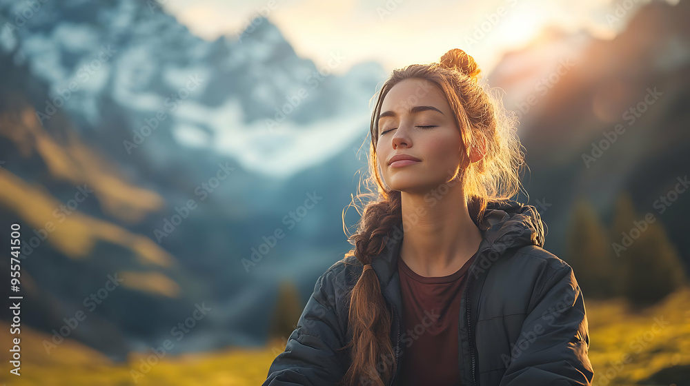 A serene woman meditating in a mountain landscape at sunset. A serene woman meditating in a mountain landscape at sunset.