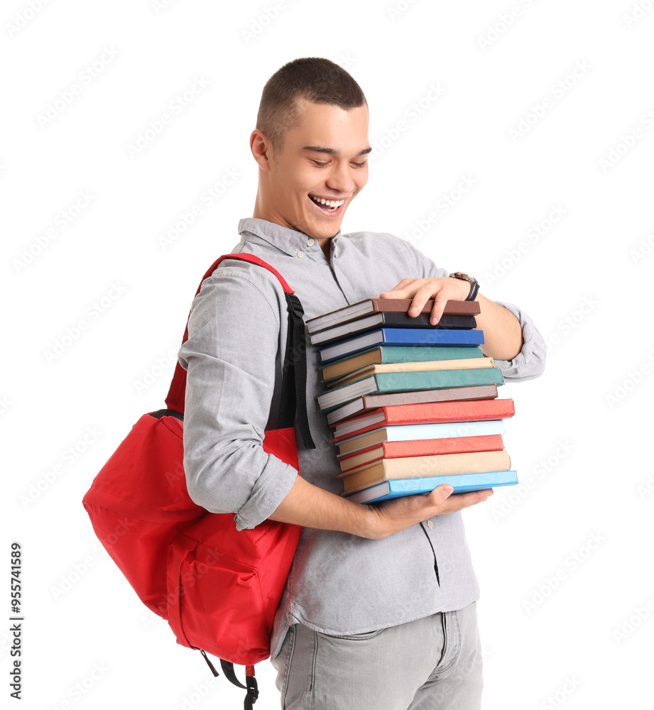 Male student with books on white background Male student with books on white background