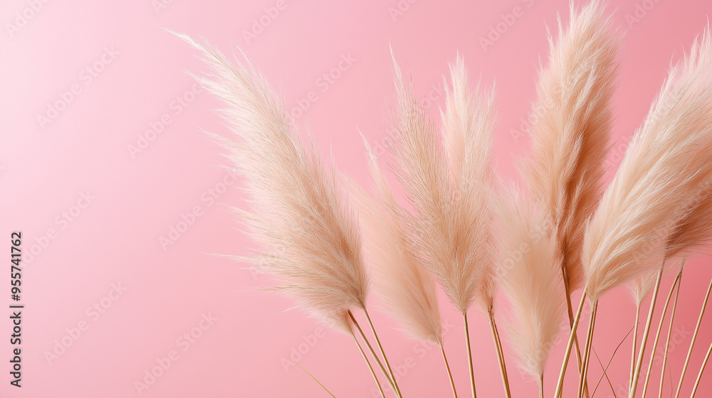 pampas grass with long, slender leaves and fluffy beige plumes against an isolated soft pink background pampas grass with long, slender leaves and fluffy beige plumes against an isolated soft pink background