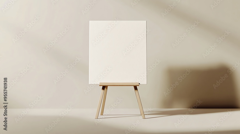 Blank Canvas on Wooden Easel in Minimalist Setting Blank Canvas on Wooden Easel in Minimalist Setting