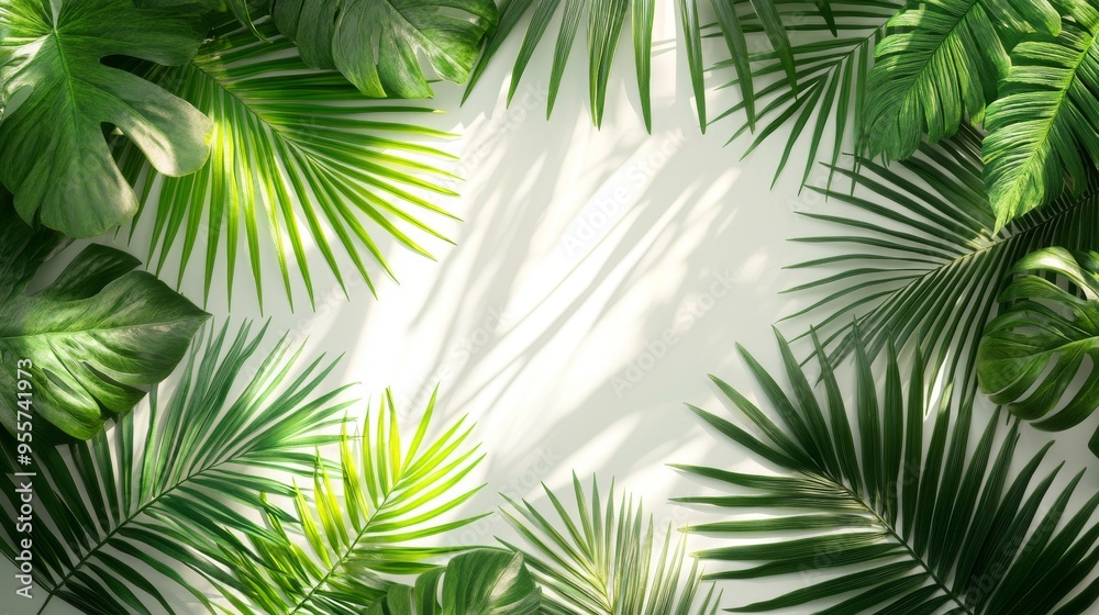 Lush Green Tropical Leaves Bordering a White Surface Lush Green Tropical Leaves Bordering a White Surface