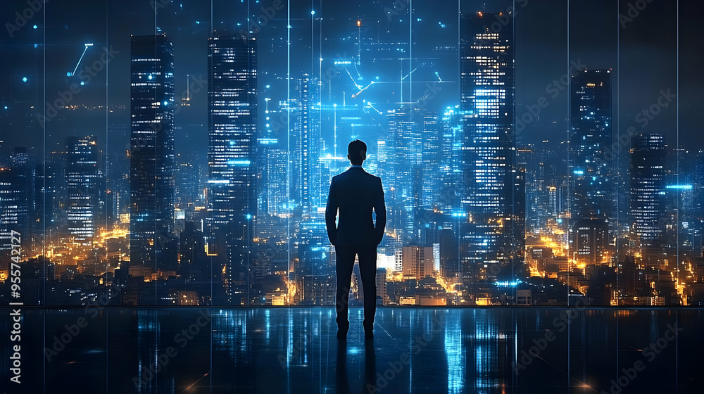 A silhouette of a person overlooking a futuristic cityscape. A silhouette of a person overlooking a futuristic cityscape.