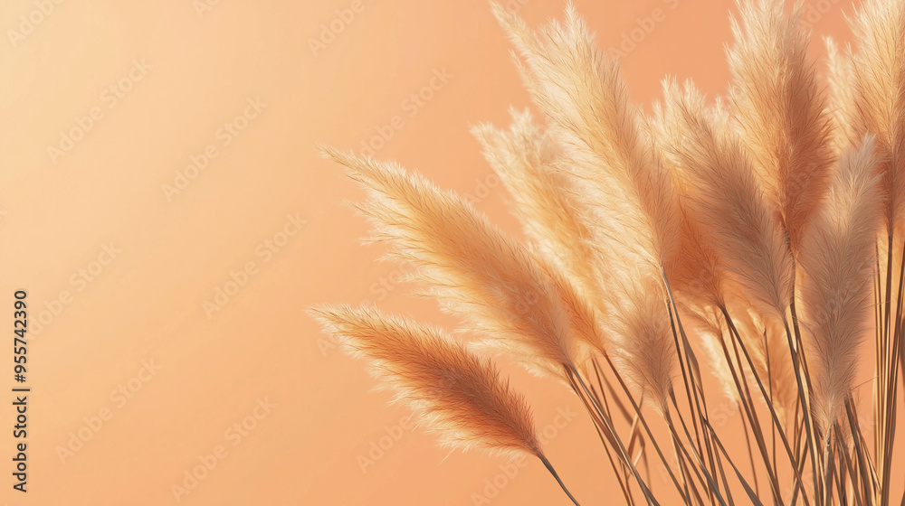 pampas grass with long, slender leaves and fluffy beige plumes against an isolated pastel orange background pampas grass with long, slender leaves and fluffy beige plumes against an isolated pastel orange background