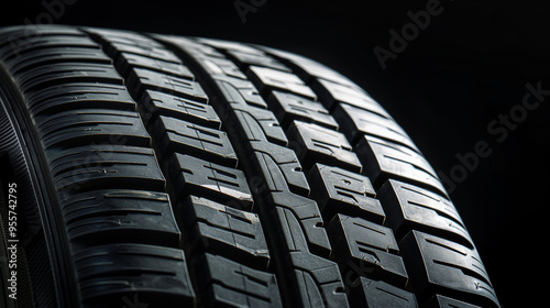 Close-up of a car tire tread with a dark background, showcasing detailed texture and ample copy space