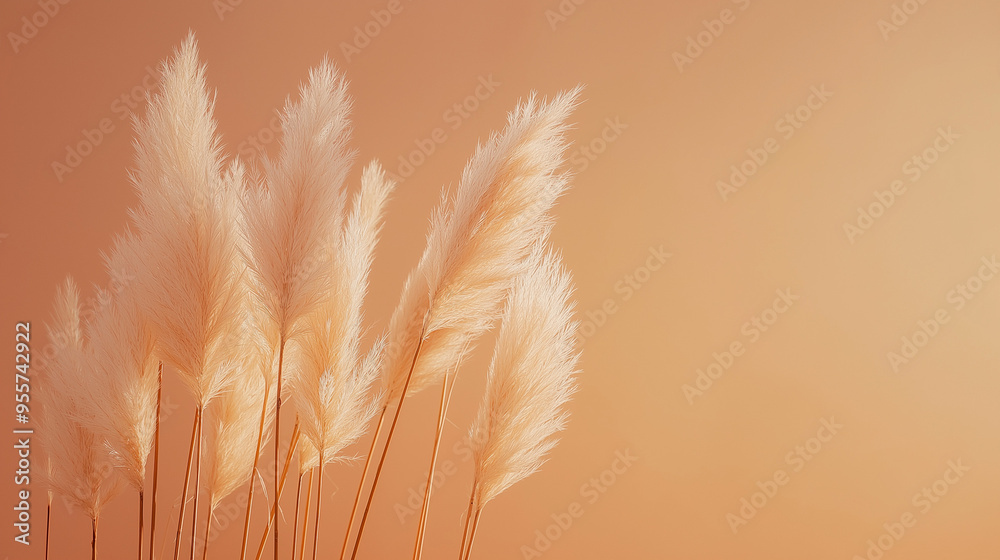 pampas grass with long, slender leaves and fluffy beige plumes against an isolated pastel orangebackground pampas grass with long, slender leaves and fluffy beige plumes against an isolated pastel orangebackground