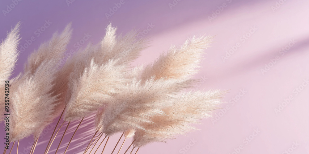 pampas grass with long, slender leaves and fluffy beige plumes against an isolated lilac background pampas grass with long, slender leaves and fluffy beige plumes against an isolated lilac background