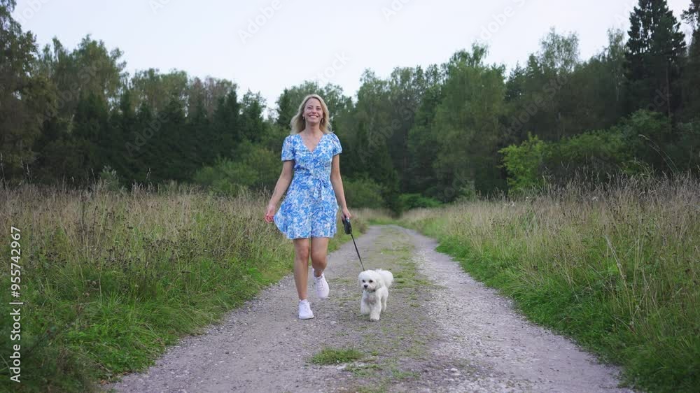 Girl walking the dog in the park forest. Rest concept. Woman walking with a dog on a leash in blue dress and with shoes. Girl walking the dog in the park forest. Rest concept. Woman walking with a dog on a leash in blue dress and with shoes.
