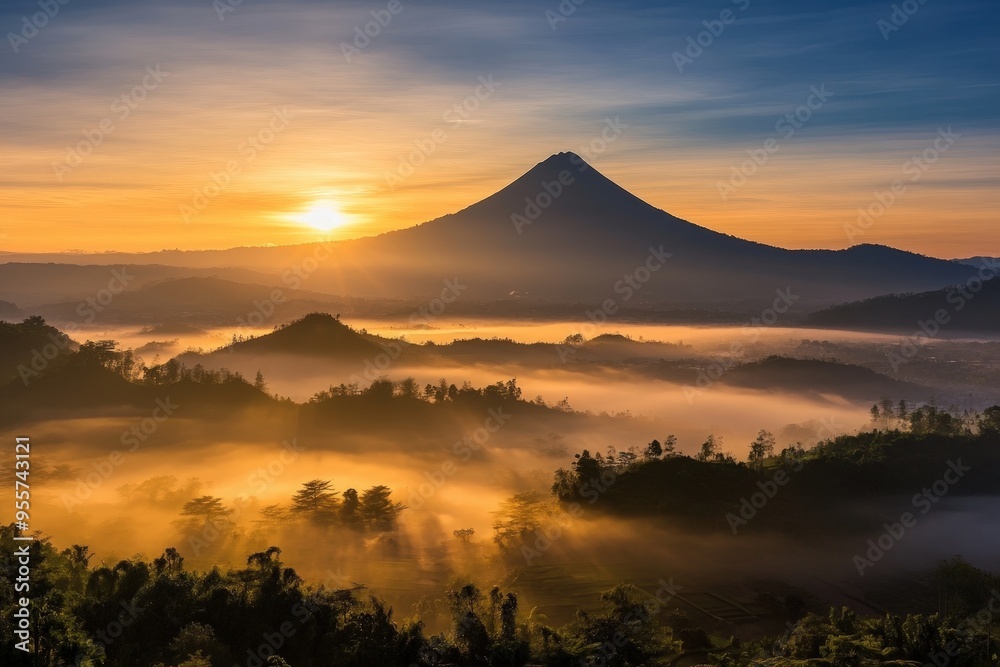A spectacular sunrise casts a golden hue over a misty valley, highlighting the majestic peak of a volcano, creating an awe-inspiring and serene natural landscape. A spectacular sunrise casts a golden hue over a misty valley, highlighting the majestic peak of a volcano, creating an awe-inspiring and serene natural landscape.
