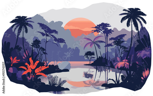 Amazon jungle surrounds and isolates the entire illustration with an irregularly shaped background