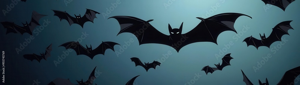 Fototapeta premium Dark twilight sky filled with bat silhouettes, flat design, top view, haunted spirits theme, water color, Split-complementary color scheme