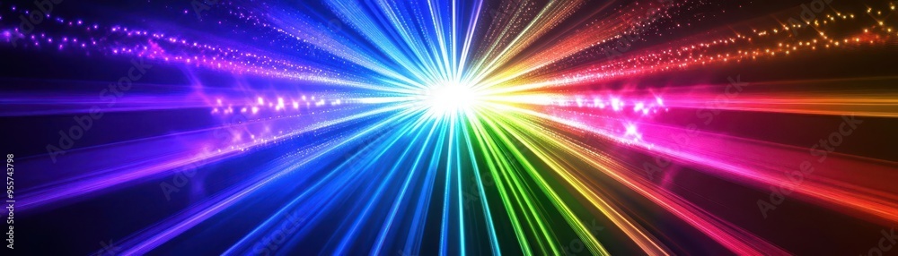 Naklejka premium Dazzling light rays fanning out from a central source, rainbow colors, dramatic concert setting, vibrant and energetic