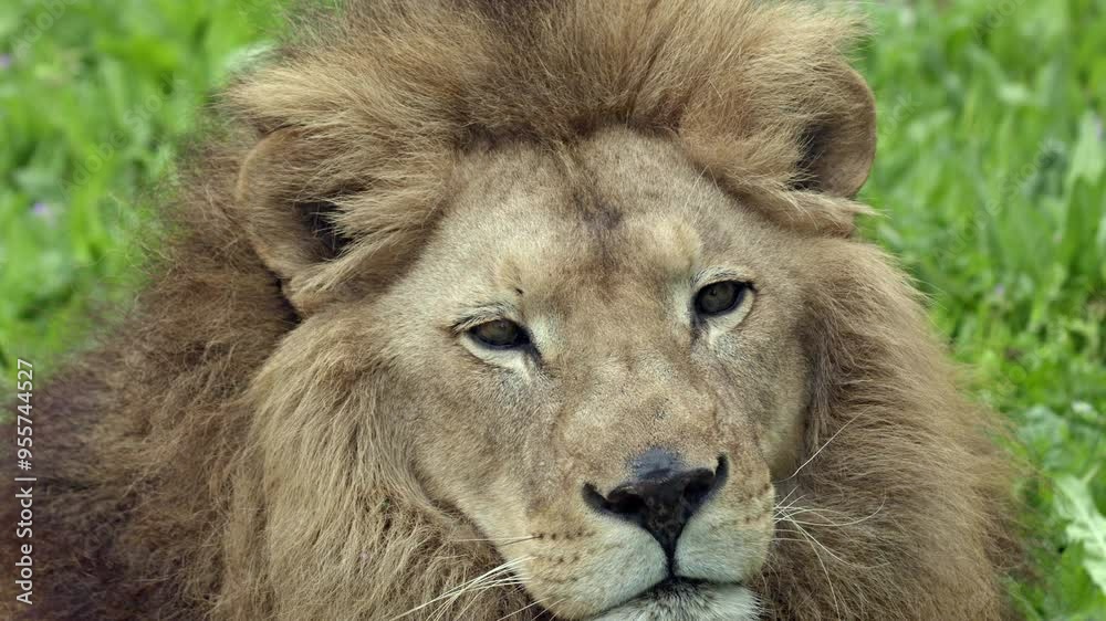 Young Male Lion Stares at Camera Weary of Hot Weather Footage. Young Male Lion Stares at Camera Weary of Hot Weather Footage.